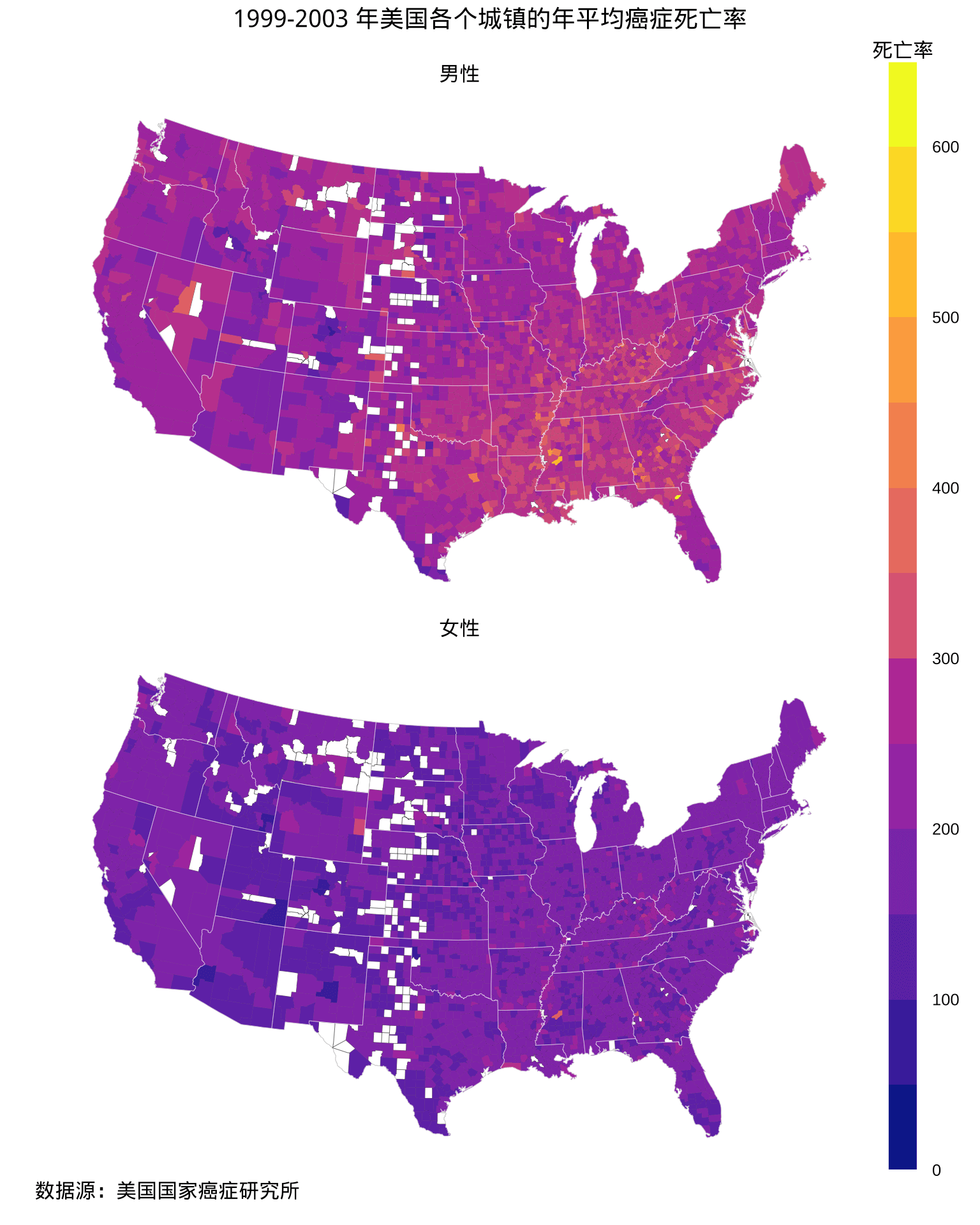 1999-2003 年美国各个郡的年平均癌症死亡率分布